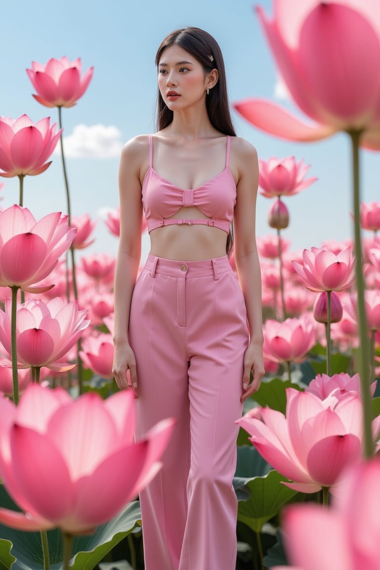 A statuesque figure stands tall amidst a serene backdrop of pink lotuses, bathed in soft, cool-toned light that highlights vibrant hues and tactile textures. Confidently posed with sharp lines and defined curves, the subject exudes perfection, its high-definition skin texture seemingly within reach. The isometric composition guides the viewer's gaze to trendy fashion elements harmoniously aligned, frozen in a moment of artful stillness.,Art. Effects: HDR, rich colors enhanced 