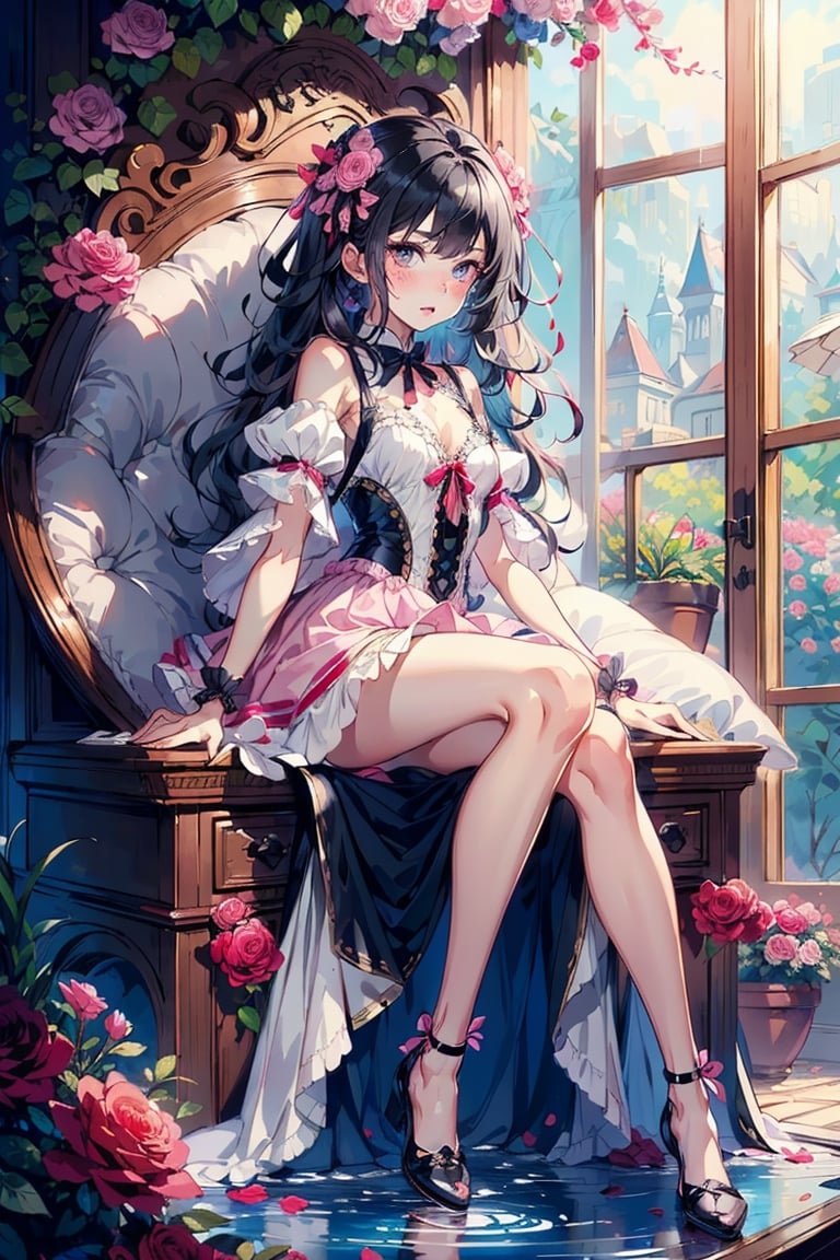 (Gray eyes, black hair, medium hair, wavy hair, small breasts, 1girl), full body, blushing,alice in wonderland,butterfly, feather, roses, laces, ribbons, pink dress, fluffy,Ani_Uni,SGBB,Nice legs and hot body