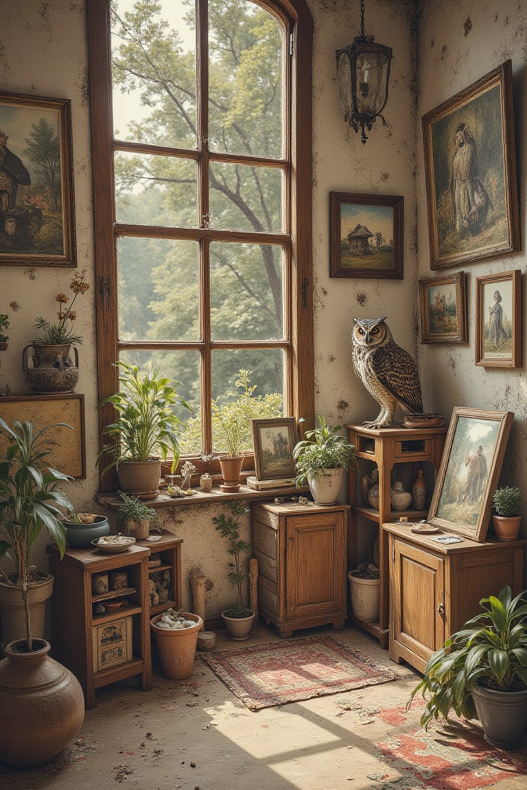 sepia color,
myths of another world,Nostalogic atmosphere,
pagan style graffiti art, 
Inside the secondhand store, framed paintings, furniture, pots, and a proud owl.
watercolor \(medium\),