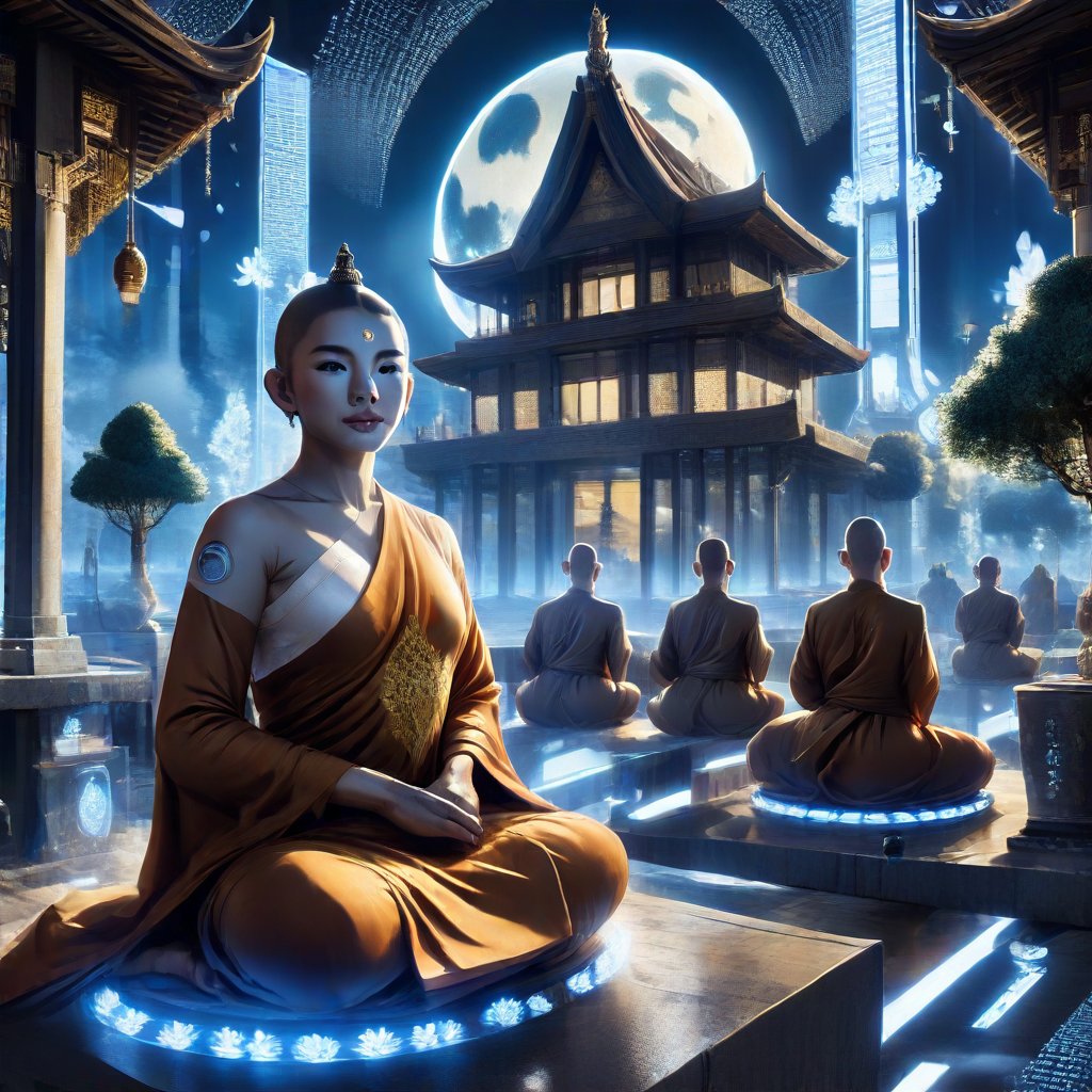 A futuristic scene depicting Buddhism in the year 3000, where monks meditate in a serene, high-tech temple. The temple is illuminated by soft, ambient lighting, with holographic lotus flowers floating in the air. The monks are dressed in advanced, yet traditional robes, sitting in a peaceful lotus position. The background features a blend of ancient Buddhist symbols and futuristic technology, creating a harmonious fusion of old and new. The composition is centered around the monks, with the temple architecture framing the shot, emphasizing the serene atmosphere.,Supreme