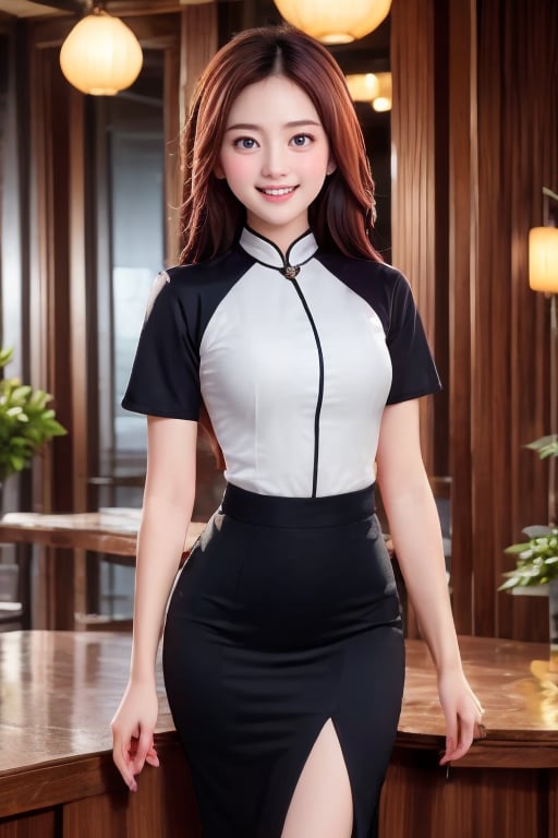 chinese woman, (maid:0.8), long hair, laughy smile, fully clothed, fully dressed, curve, photo real, ultra high definition, UHD, ultra high resolution, ultra real,Enhance,NDP,Sugar babe 