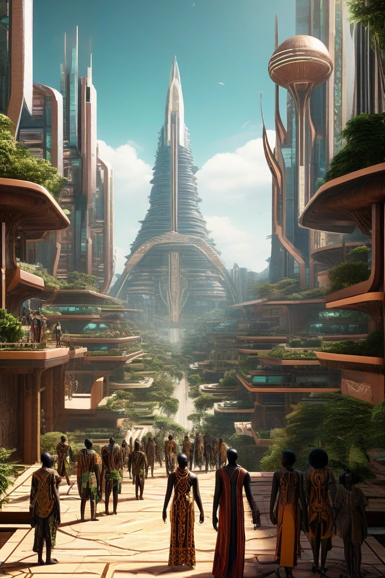 Image of a futuristic city with buildings designed based on traditional African architecture, covered with high-tech lines and natural elements. People in the image may be wearing costumes inspired by ancient African fashion but combined with modern equipment such as virtual reality glasses or technological devices.