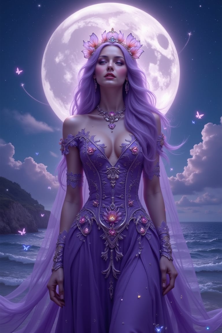 Here's a potential digital illustration based on your description:  -Title:- 'Moonlit Enchantress'  -Image:-  The illustration features a fantastical, ethereal woman standing against a backdrop of a large, glowing moon and a shimmering, starry night sea. Her hair flows like a river of purple, with intricate, delicate strands that seem to come alive in the moonlight.  She wears a stunning, ornate gown that's been meticulously designed to showcase her beauty and elegance. The gown is a deep, rich purple color, with intricate flower patterns and sparkling jewels that catch the light. Her headpiece is a masterpiece of complexity, with delicate, curved petals and glittering gemstones that seem to shimmer and shine.  Around her, a halo of light and butterflies creates a magical aura, as if she's conjuring up the very essence of the moon and sea. The moon above casts a soft, gentle glow over the scene, illuminating the waves and creating a sense of peace and tranquility.  -Color Palette:-  - Deep, rich purple for the hair and gown - Soft, shimmering blue for the moon and sea - Delicate, pale pink for the flowers and gemstones - Gold and silver for the jewelry and accents  -Style:-  The illustration is done in a highly detailed, realistic style, with a focus on capturing the beauty and elegance of the subject. The character is rendered in a lifelike way, with intricate textures and patterns that add depth and dimension to the image.  -Mood:-  The mood of the illustration is one of enchantment and mystery, capturing the essence of a magical, otherworldly moment. The subject's serene, ethereal expression and the dreamlike quality of the scene create a sense of wonder and awe, as if the viewer has stumbled upon a hidden, mystical world. 