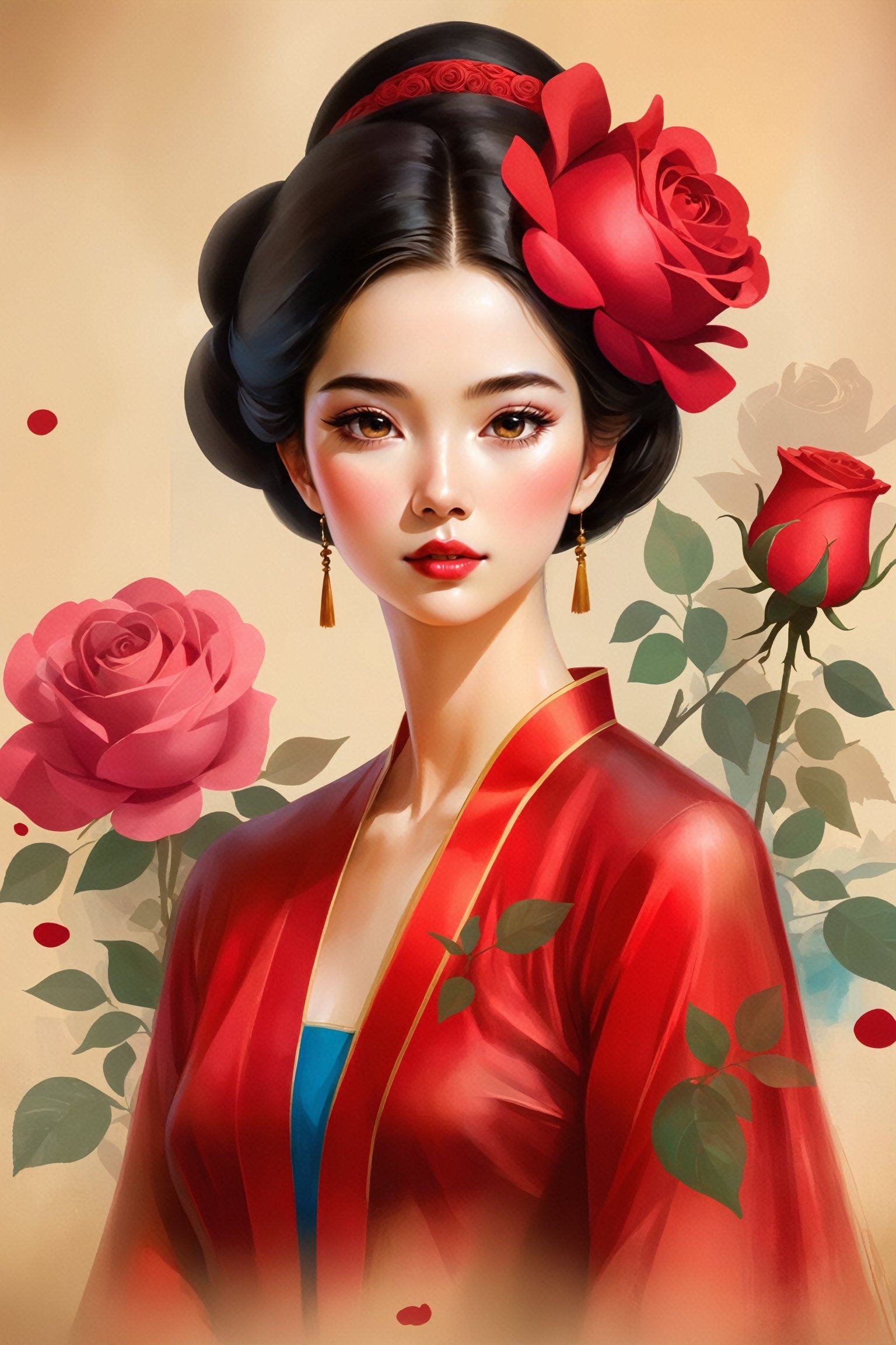 Create a modern-styled sketch portrait in silk textured old paper of a gentle lady inspired by roses and love, utilizing the vibrant color palettes and sleek lines reminiscent of the works by Chinese contemporary artist Zhang Xiaogang, background is full of roses abstract and bloody illustrations abstracts,chinese_painting,Vietgirl