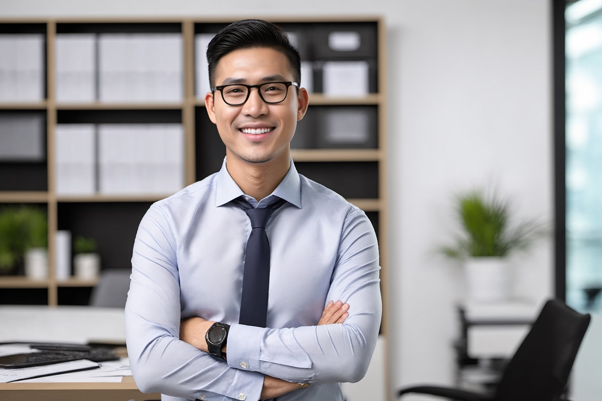 ((Full Shot)), ID CORPORATE PHOTO of a male office worker, exuding both professionalism and grace, SMILE., VIETNAMESE