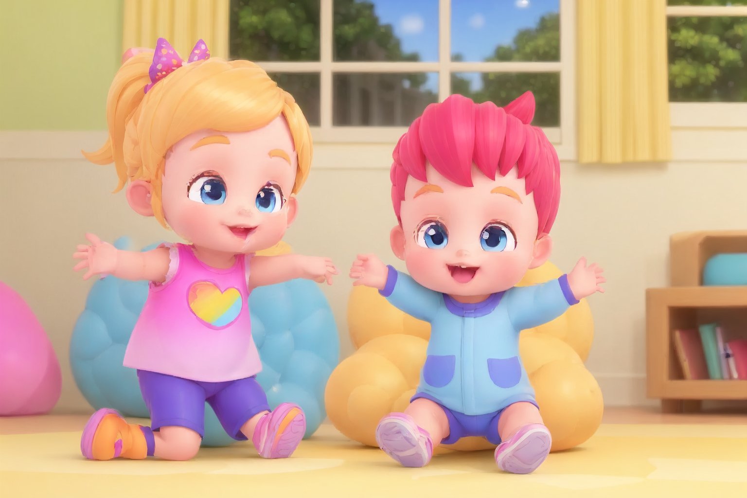 best quality, masterpiece, full hd, happy, netflix cartoon, Bebefinn Style; 
There Are 2 characters and they are playing together in living room:
Character #1: a girl kid, blonde long hair, about 7yo. She is sister and wearing a dress.
Character #2: a baby boy, pink hair, about 3yo, wears blue clothes, holding a dog puppet.