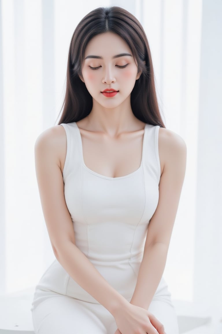 a medium-sized Asian woman with long, straight brown hair, wearing a white sleeveless dress. She is seated on a white surface, her left arm resting on her hip. Her right arm is draped over her right shoulder, adding a touch of warmth to her face. Her eyes are closed, her lips are slightly parted, as if she is smiling. The backdrop is a stark white, creating a stark contrast to the woman's white dress.