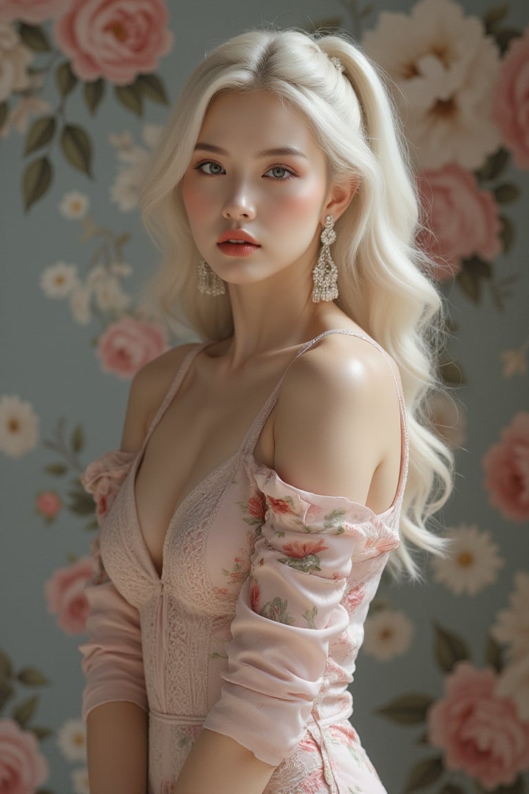 Generate hyper realistic image of a woman in a short dress with a floral print, her long sleeves adding a touch of elegance as she stands in a cowboy shot pose. Her white hair is styled in a chic ponytail, drawing attention to her striking profile and luscious lips, while dangling earrings catch the light.