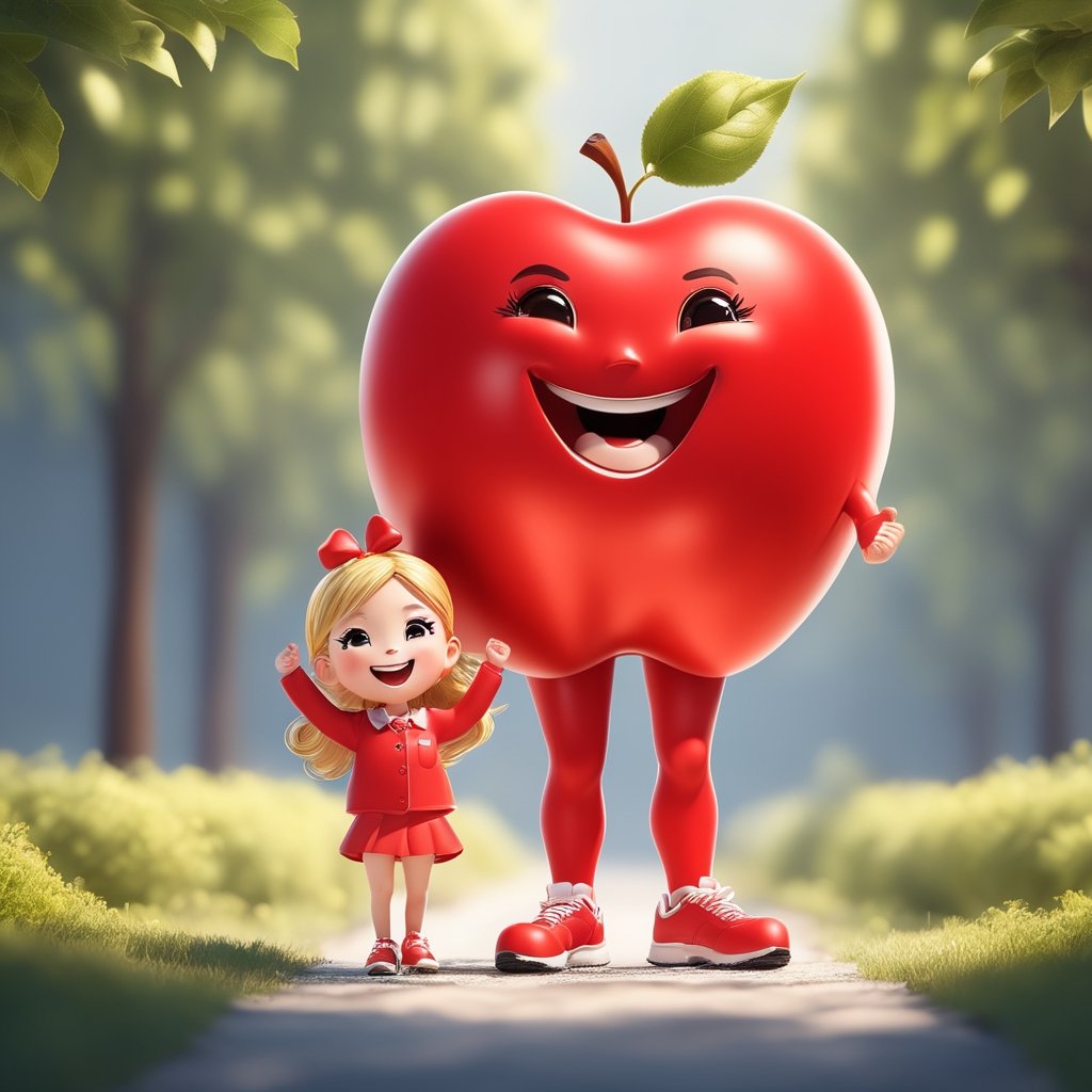 Happy apple, Smile Expression, Cool red Palette, hands, legs,, big Scale, solid color background, CtFruitsRedmAF, ,Unique Masterpiece