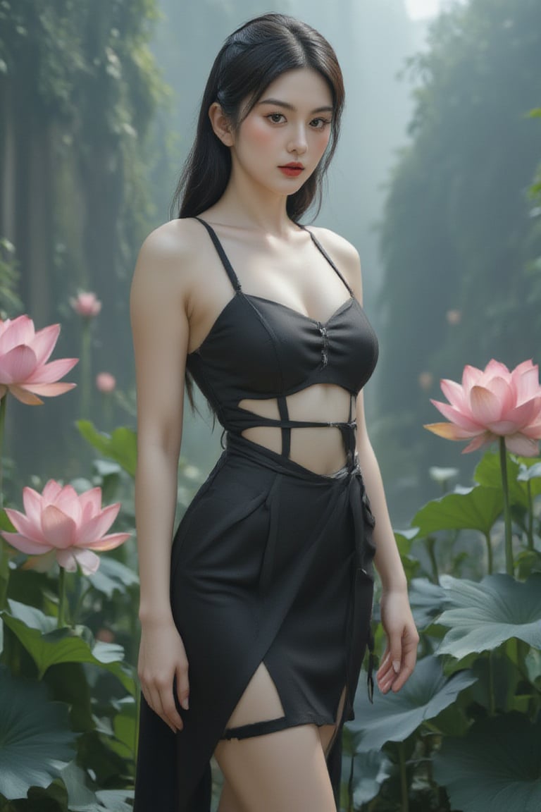 A statuesque figure stands tall amidst a serene backdrop of black lotuses, bathed in soft, cool-toned light that highlights vibrant hues and tactile textures. The subject confidently poses with sharp lines and defined curves, its high-definition skin texture seemingly within reach.