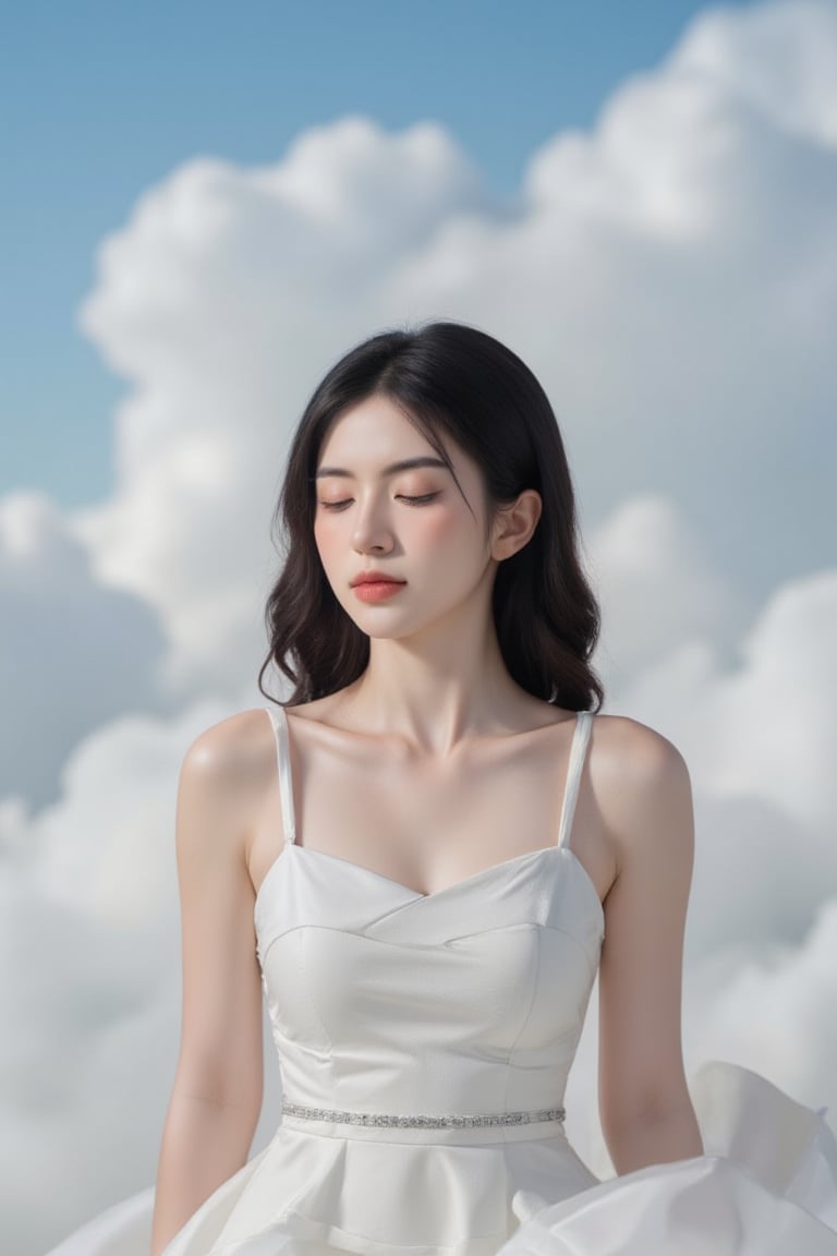 A serene masterpiece of a young woman sitting alone, surrounded by nothing but clouds and the vast blue expanse above. Her raven-black hair falls in soft waves around her face, with choppy bangs framing her closed eyes. A flowing white dress hugs her slender figure, its short sleeves showcasing toned arms as she sits peacefully. Parted lips curve into a gentle smile, as if lost in thought or savoring the beauty of the day. The cloudy sky above is dotted with puffy whites, casting a warm glow over the entire scene.