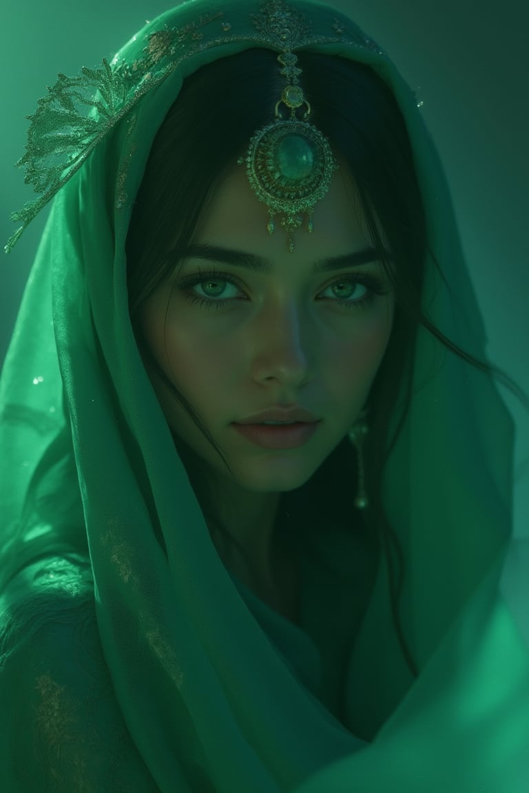 A Middle Eastern woman with piercing green eyes, shrouded in mystery, gazes directly at me from under the soft glow of luminescent lights. the moon and the sea are blended in the moments everything watching her beauty glowing