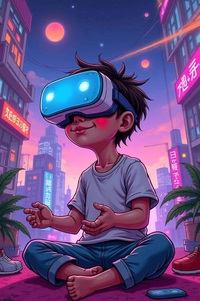 A vibrant anime-style illustration of a young boy, is playing a strange digital VR game in a futuristic scene