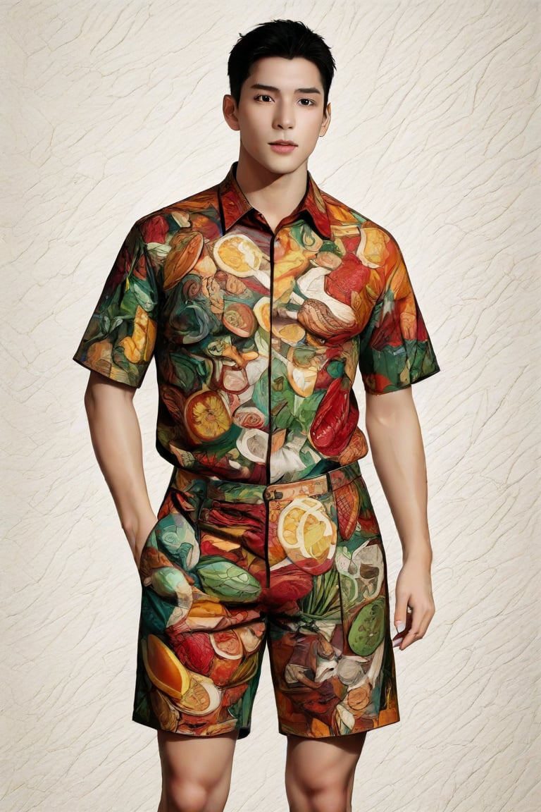 The image is a digital illustration featuring a male figure standing against a textured white background. The figure is depicted in a relaxed pose with one hand slightly touching the front of his outfit. His attire consists of a unique shirt and shorts that are patterned with various food items, including noodles, vegetables, and meats, suggesting a culinary theme. The colors in the pattern are vibrant, with reds, greens, and browns prominently featured. The illustration style is detailed, with clear outlines and shading that give depth to the design. There is no additional context provided beyond the figure and his attire.,Truly Asian Beauty,Enhanced Realistic