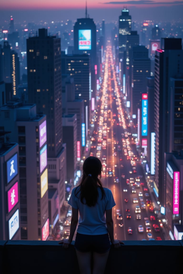 (masterpiece, best quality), (busy city,bustling atmosphere,silhouette of a teenage girl at the top of a building looking down at the street), dusk, neon lights, high-rise buildings, twinkling cityscape, energetic pedestrians, rushing traffic, vibrant colors, urban metropolis, hustle and bustle, modern architecture, skyscrapers, city lights, asphalt roads, flickering street lamps, urban soundscape, blurred motion of cars and people, urban sprawl, city at night, nightlife, teenager's contemplative stance, isolated figure, loneliness in the crowd, ethereal atmosphere, mysterious aura, reflection of city lights on the windows, warm glow of the setting sun, exciting energy, imposing shadows, towering skyscrapers, rebellious spirit, expansive city view, vivid vitality, metropolitan dreamscape, urban exploration, romanticized chaos, captivating skyline, anonymous faces, concrete jungle, raw emotions, inspiring heights, clenched fists, hazy skyline, endless possibilities,Enhanced All,ghibli,cyber