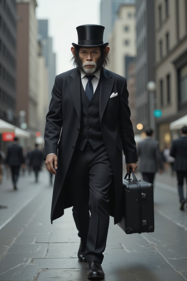 High resolution, full detailed, better image quality,16k, ultrara definition,ultra-realistic,

Believe me a monkey, with suit form, with a top hat, and a suitcase in hand, walking in the city 