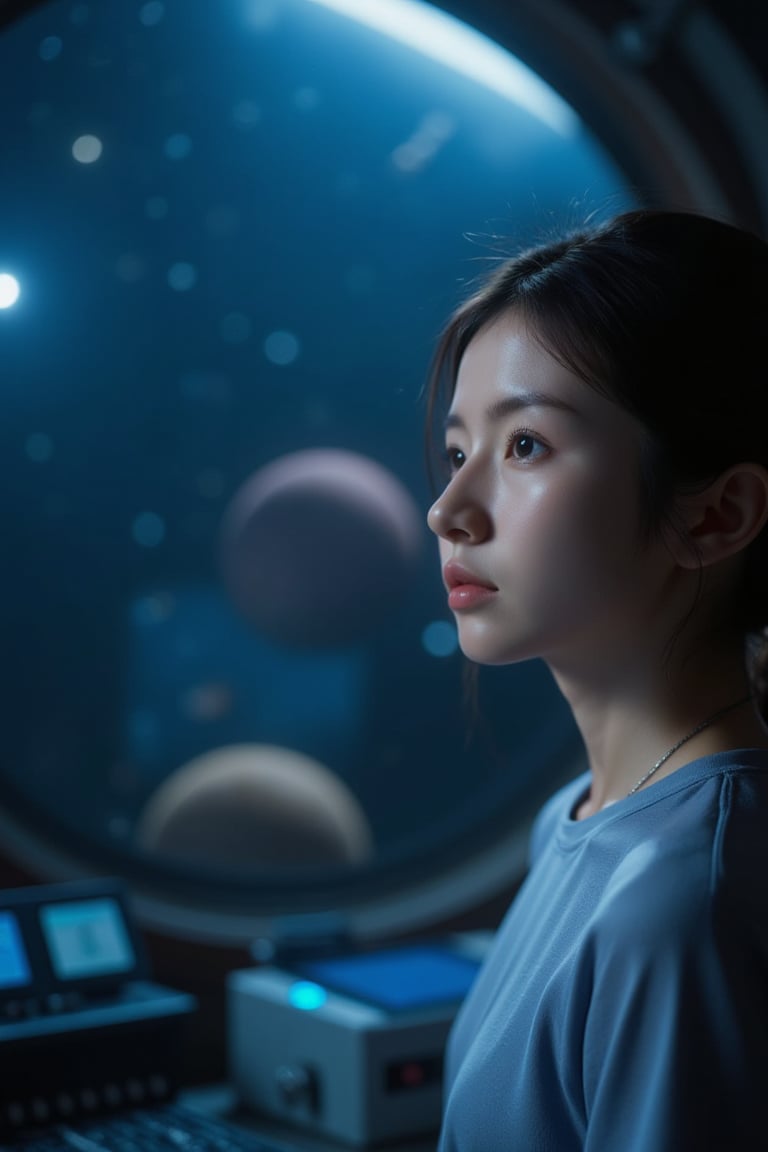 Close-up shot of a young girl's face, her eyes fixed intently on the vast expanse of stars and planets outside the giant glass dome of a spacecraft. Her dark hair is tied back in a ponytail, and her skin has a warm glow from the soft blue lighting within the ship. The atmosphere inside is dimly lit, with only subtle hints of instrument panels and control stations visible behind her. Her gaze is lost in thought, as if contemplating the mysteries of the universe.