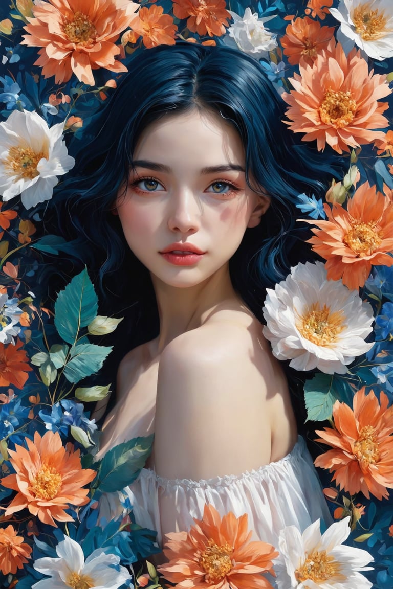 A captivating digital art portrait of a young woman surrounded by a vibrant array of flowers. Her wavy, dark blue hair frames her face, blending seamlessly with the floral elements around her. The flowers, in shades of orange, blue, and white, create a striking contrast against her pale skin. She gazes directly at the viewer with an intense, almost ethereal expression. The intricate details of the petals and leaves intertwine with her hair, giving the impression that she is one with nature. The overall composition is both delicate and dramatic, evoking a sense of mystery and enchantment.,pixar style,Realistic Enhance