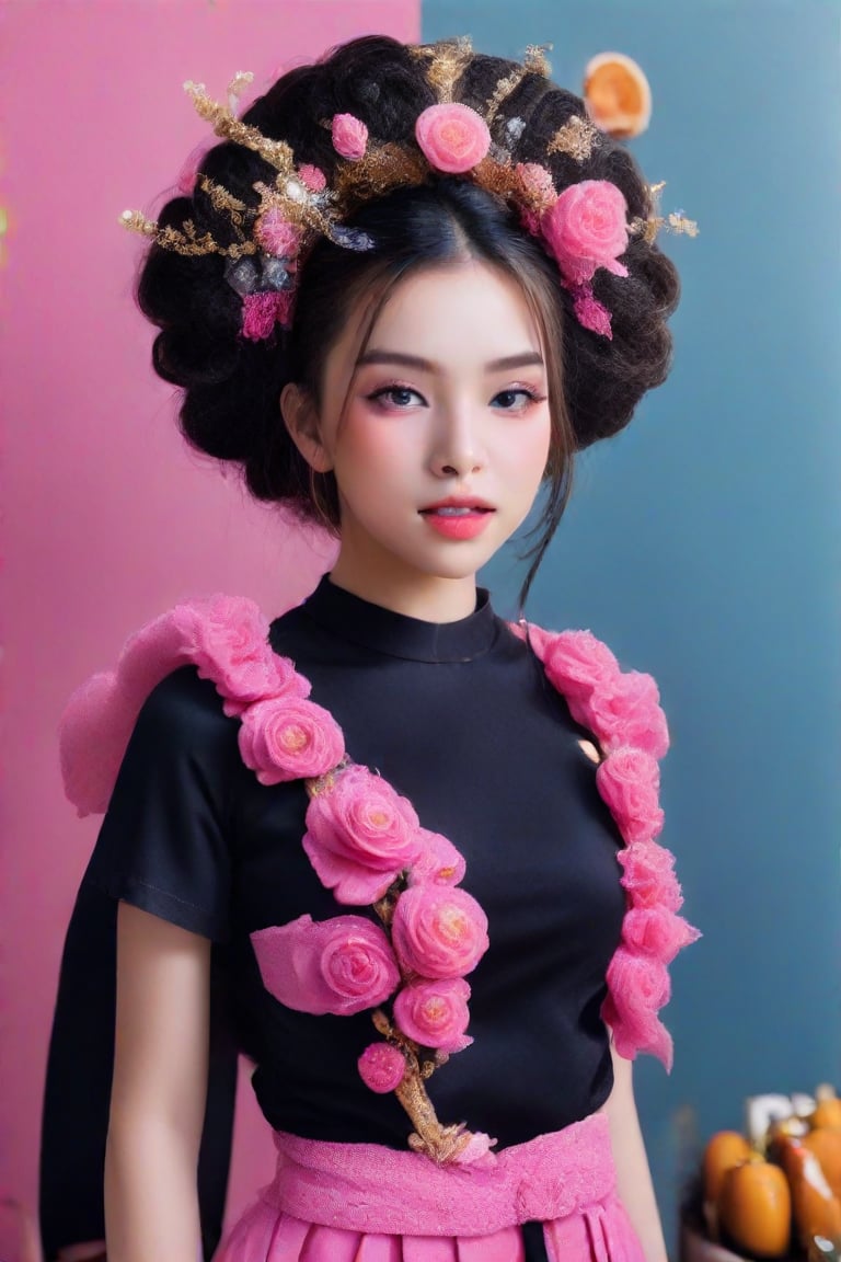 A girl has an elaborate hairstyle with a mix of black and pink tones, which could suggest a creative or rebellious personality. The presence of the colorful background may indicate a sense of vibrancy or action associated with the character. She wears an food inspiration outfit. The overall composition and style are indicative of a narrative-driven genre such as comics or graphic novels.,Pho,Supreme Realistic,detailed face