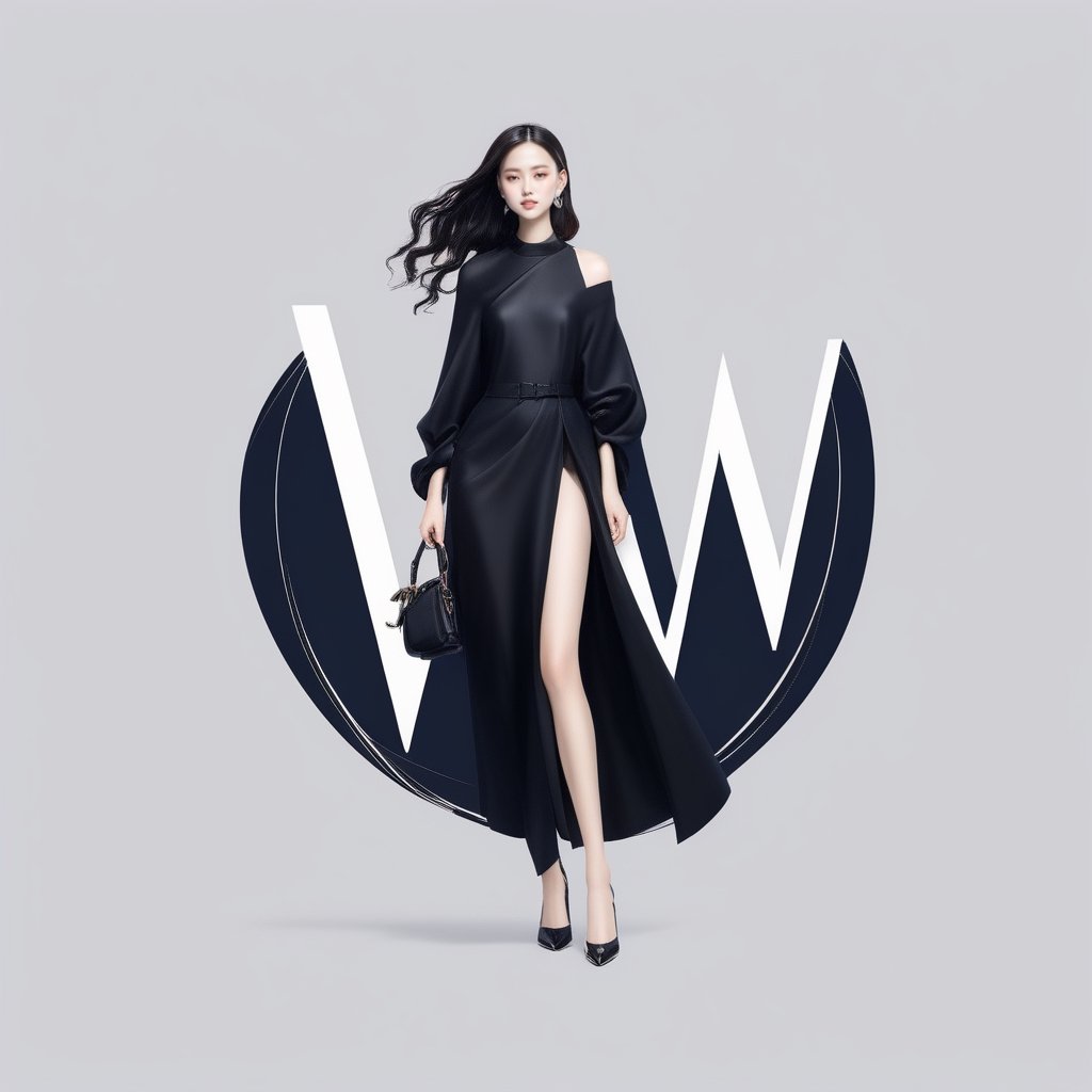 A logo fashionable of fashion brand, fullbody girl abstract combines with letter "W", high-class brand, ((inspired of nature))