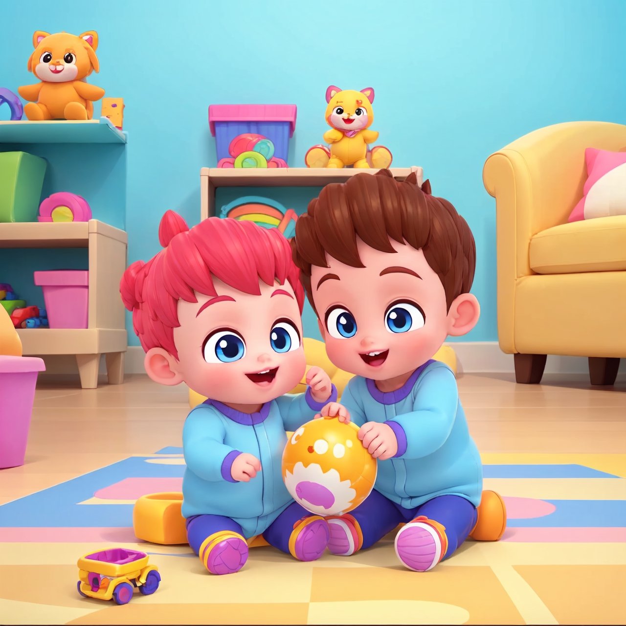 best quality, masterpiece, 1girl sister and 1baby boy, playing toys, full hd, happy, netflix cartoon, ,Bebefinn Style