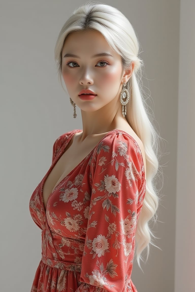 Generate hyper realistic image of a woman in a short dress with a floral print, her long sleeves adding a touch of elegance as she stands in a cowboy shot pose. Her white hair is styled in a chic ponytail, drawing attention to her striking profile and luscious lips, while dangling earrings catch the light.