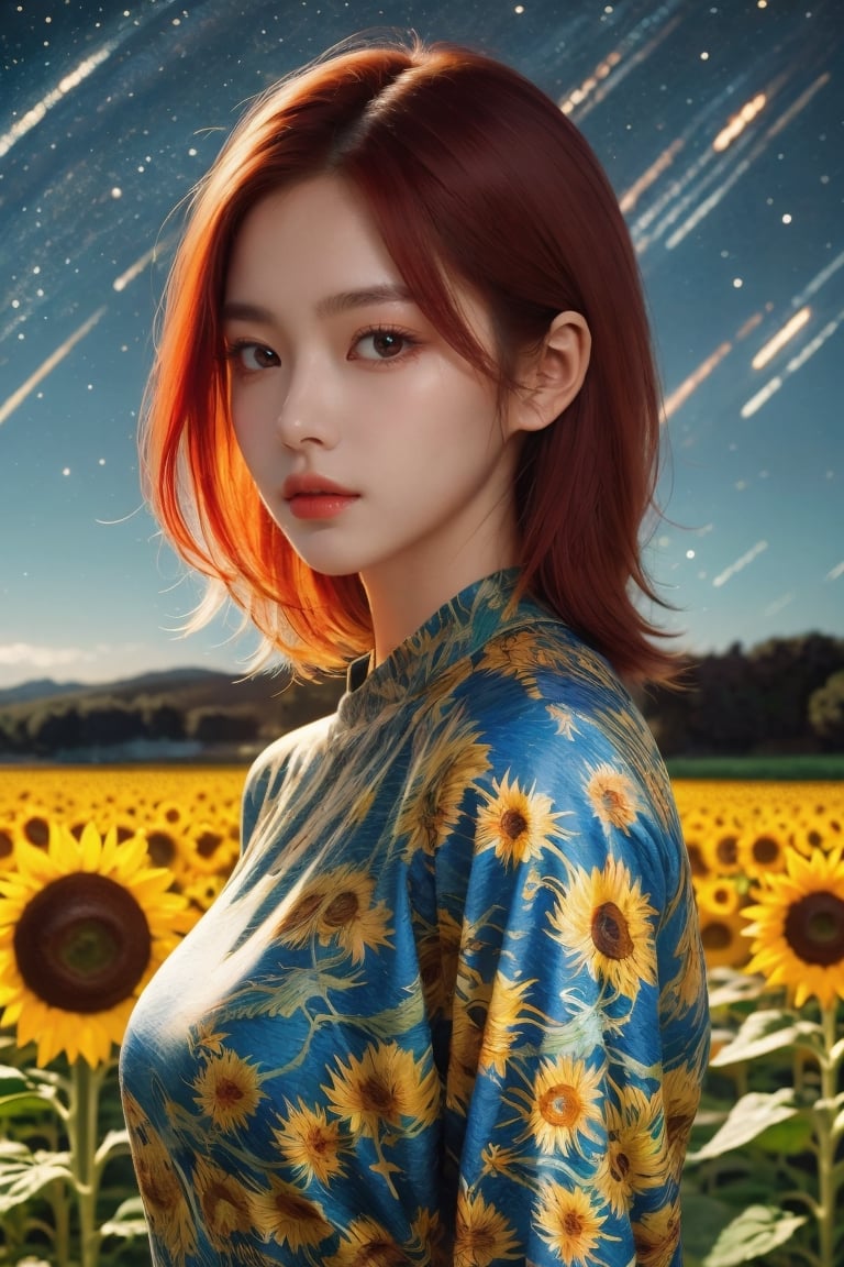 Beautiful woman, red hair, sunflower field, amber eyes, 8k, best quality, (van gogh, starry night background), detailed hair, detailed eyes