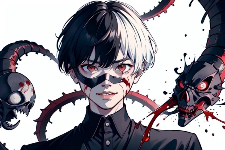 (1boy) portrait, best quality, ultra high res, ultra detailed, black and red, high contrast color tone, extremely detailed lighting, cinematic lighting, soft lights, (masterpiece, high quality:1.4), (kaneki ken, black hair, white hair, red and black eye, mask | teeth, blood eyes, black clothes, scorpio tentacles), , , blood, , black background, thrilling, (fierce face),kaneki ken,Enhance,Golden Inspiration,Ani_Uni,Caricature drawing style