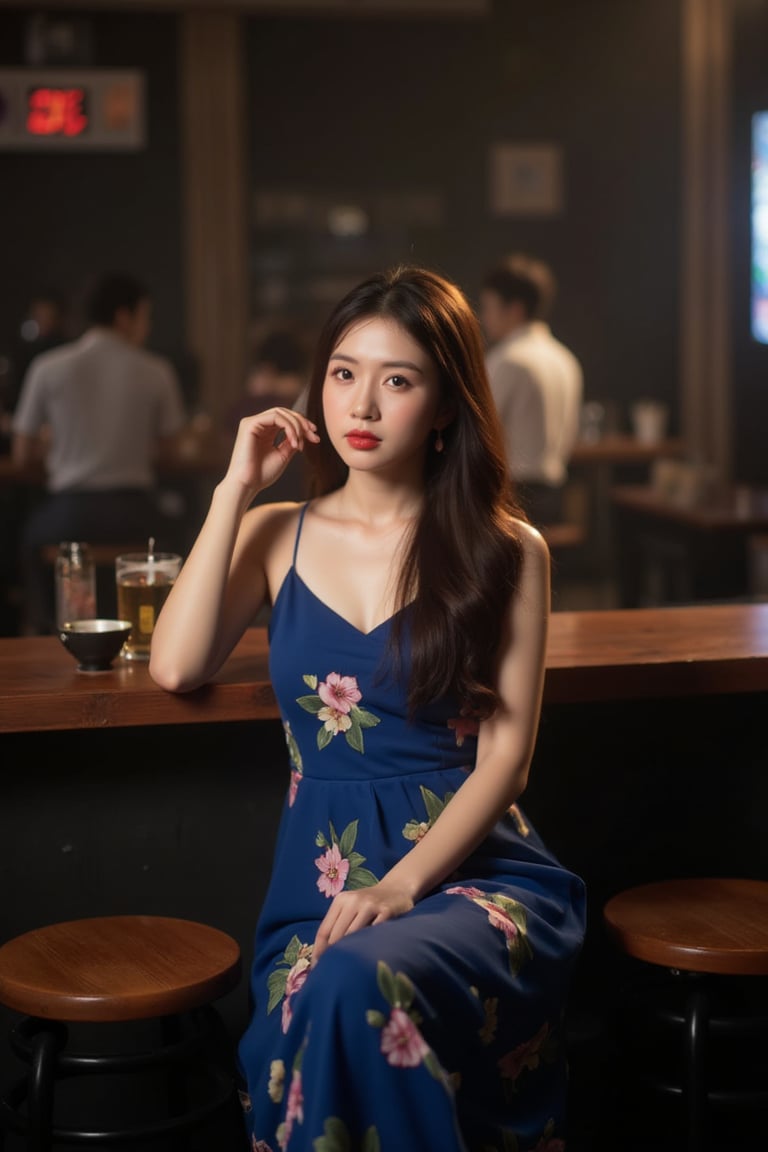 A young Asian woman sits at a dimly lit bar, her long brown hair spilling over her shoulders like a waterfall. Wearing a sleeveless blue dress adorned with floral patterns, she applies bold red lipstick, drawing attention to her striking features. Perched on a worn brown stool, her left hand rests on the counter, subtly grounding her pose. The blurred backdrop hints at a bustling bar scene beyond her, while the subdued lighting creates a vibrant contrast, making her pop against the muted environment.