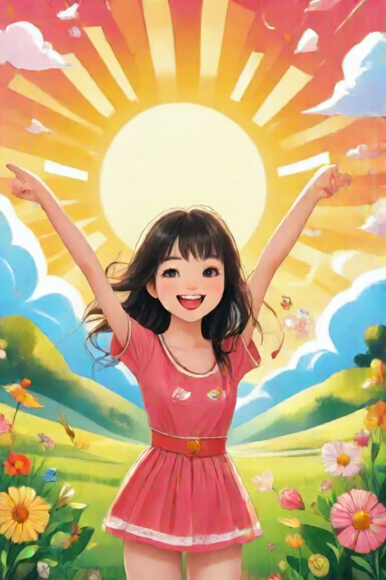 A charming cartoon scene featuring one girl, depicted in a lively, animated style. She stands center-frame, exuding joy with her arms outstretched and a big, beaming smile. The background is a vibrant, colorful landscape, with playful elements like cartoon flowers and cheerful clouds. The lighting is bright and sunny, adding to the whimsical atmosphere. The composition highlights her expressive face and the fun, exaggerated details of the cartoon environment, creating a delightful and engaging visual story.,Indochina,Pho,Enhanced Realistic