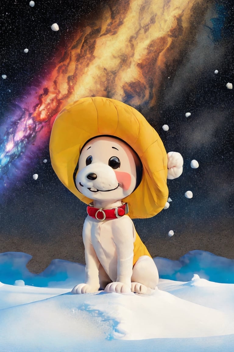 Snoopy, Masterpiece, Top Quality, Super Detailed Wallpaper, Turner features high quality, detailed cosmic colors of Vincent van Goghs Starry Night with Salvador Dalis surreal celestial precision , reflecting a touch of atmosphere and blurring the line with reality. Fantasy and snow falling in the sky, Small eyes, black ears, petite build,chibi emote style