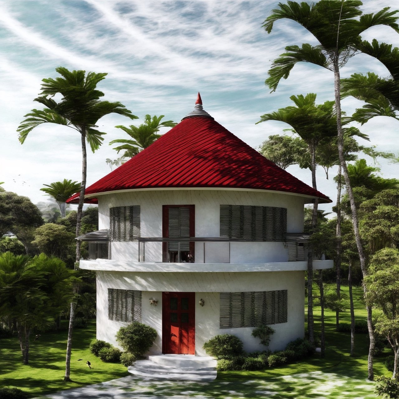 A round house, 2 floors, Conical ((((red)))) tile roof ,  in the middle of a green space, masterpiece, details, wonderful architectural image, brown door, blue glasses, white wall, black stell upstairs,Wonder of Art and Beauty, raw photo, masterpieces ,Round house,bird 's-eye view,luxury interior