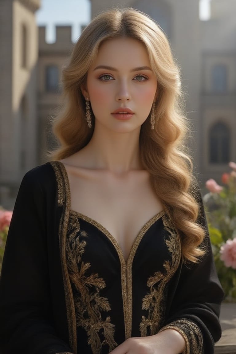 A majestic Victorian lady stands heroically in a grandiose setting, her elegant features framed against the imposing backdrop of a medieval castle. She wears an opulent black gown adorned with intricate gold trim, her long blonde hair cascading down her back like a river of sunlight. The camera captures her head and shoulders in meticulous detail, as if frozen in time. Shot in 8k resolution, this portrait is a masterpiece of elegance, featuring the finest details and textures that would make even Leonardo da Vinci proud.