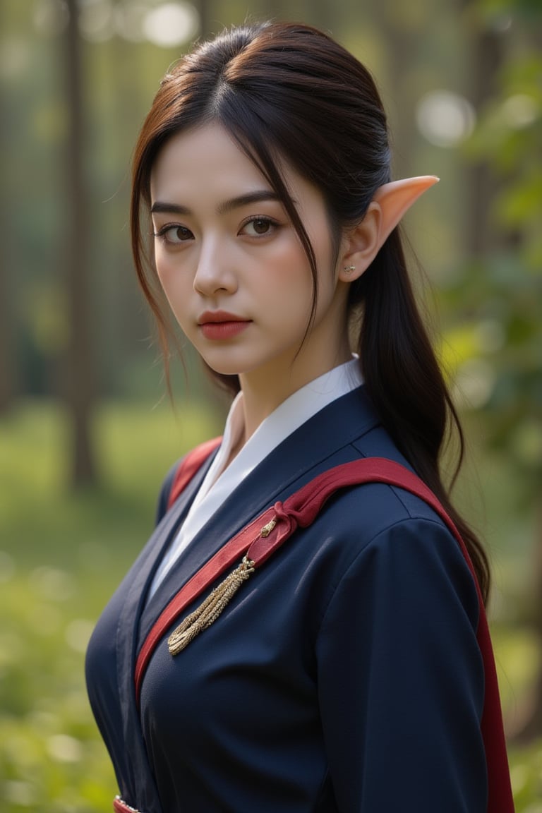 Natural Light, (Best Quality, highly detailed, Masterpiece), (beautiful and detailed eyes), (realistic detailed skin texture), (detailed hair), (Fantasy aesthetic style), (realistic light and shadow), (real and delicate background), ((cowboy shot)), (from high), shinobi, beautiful Indian girl, 23 year old,1girl, lotr elf, amber colored eyes, brown hair, A beautiful young elven ninja, clad in navy shinobi shozoku, with a red sash, stands confidently in a beautiful 
forest landscape.