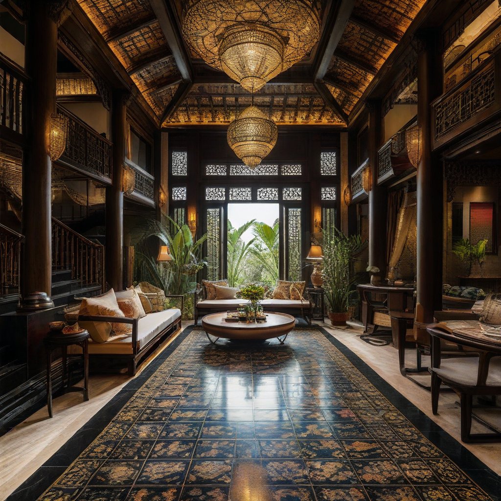 Create an image of an opulent Indochina resort showcasing an awe-inspiring interior design. The scene captures a spacious, open-concept lobby with high ceilings, adorned with intricate wood carvings and traditional silk fabrics. The lighting is soft and warm, highlighting the luxurious textures and vibrant colors of the decor. The composition includes elegant furniture pieces, lush tropical plants, and a grand chandelier. The overall atmosphere exudes a blend of modern luxury and traditional Indochinese charm, inviting viewers to experience the resort's captivating ambiance.