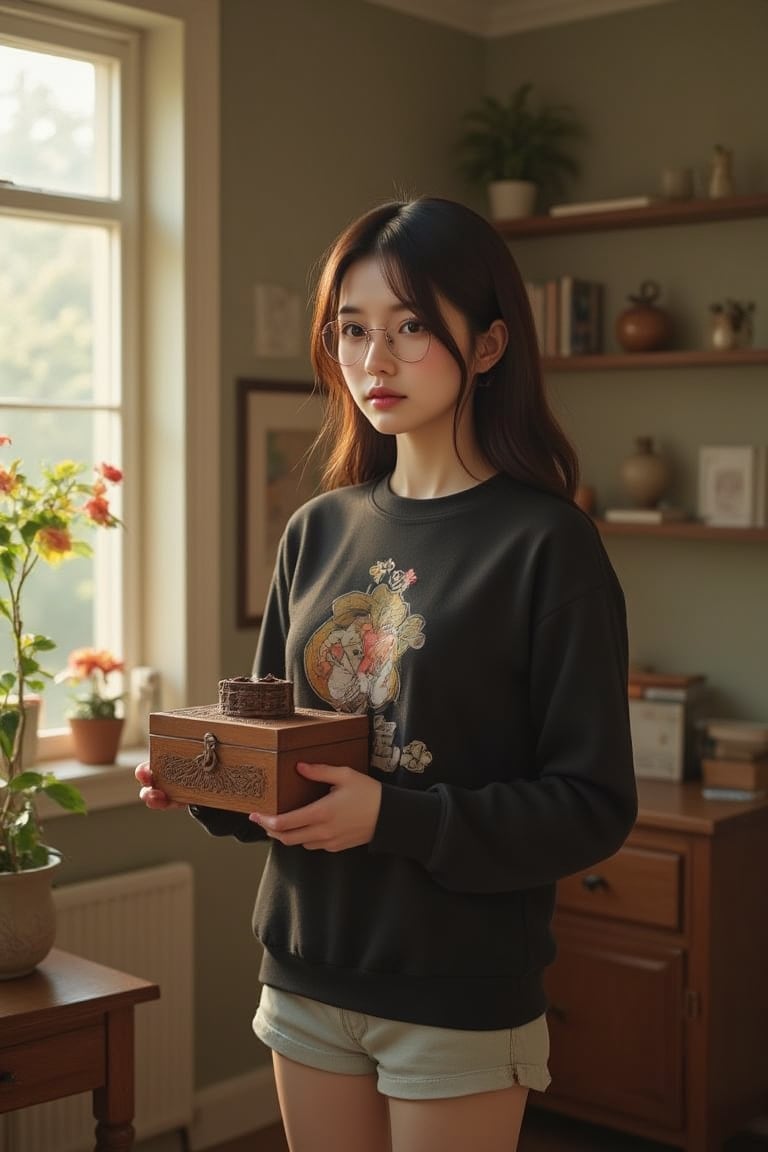 A young woman with olive skin, wearing a black sweatshirt with a cartoon graphic, glasses, and light shorts, stands in a sunlit room. She holds a small, intricately carved wooden box, her eyes wide with curiosity. A soft, warm light from a window to her left casts a gentle glow, creating soft shadows and a cozy atmosphere. The room is filled with vintage furniture and books, adding a nostalgic feel. The scene is inspired by Wes Anderson's visual style, with a slightly desaturated color palette and a touch of film grain, enhancing the whimsical and intimate mood.