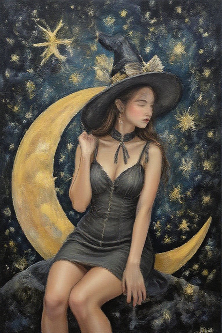 (masterpiece, top quality, best quality, official art, beautiful and aesthetic:1.2), (1girl:1.4), extreme detailed, a witch sitting on a crescent moon through a starry night, captured in the detailed gouache style of Hieronymous Bosch and Klimt,art_booster