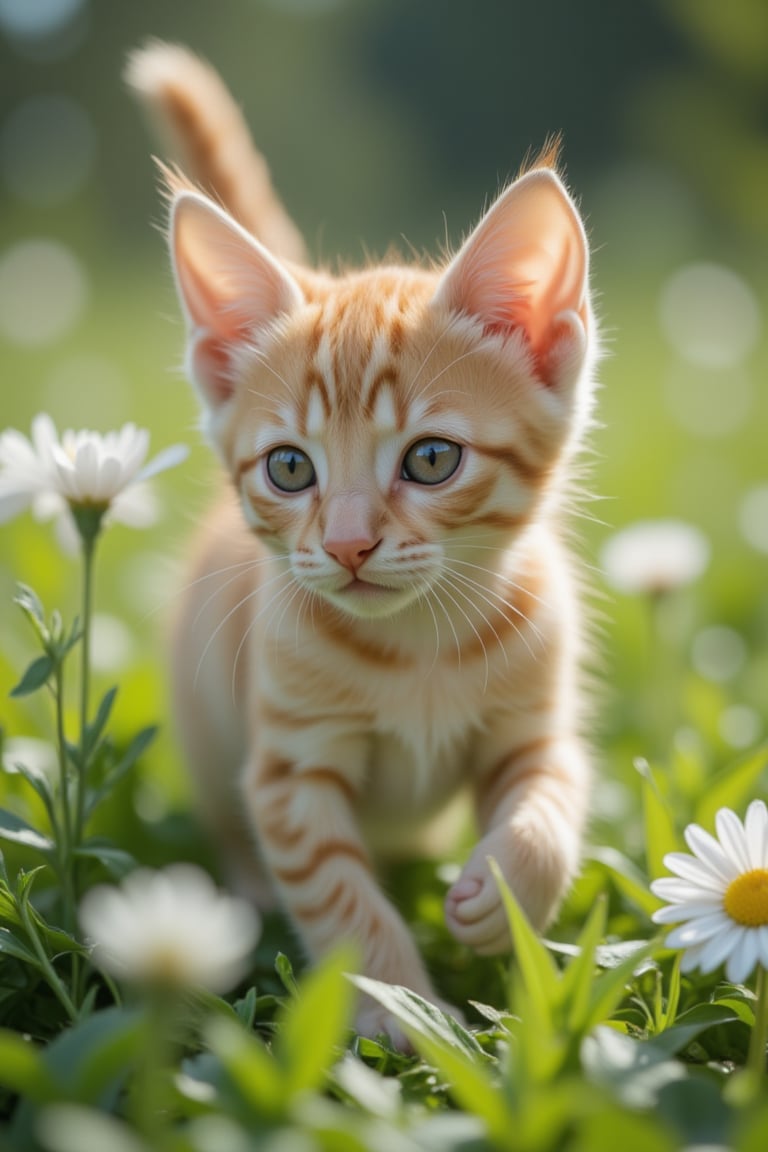 there is a small orange kitten walking through a field of grass, cute and adorable, beautiful and cute, cute kitten, ginger cat, adorable appearance!!!, an adorable kitten, adorable and cute, cute and lovely, cute cat photo, lovely and cute, cuteness, aww, in a field of flowers, beautiful picture of stray, cute cat, !! looking at the camera!!