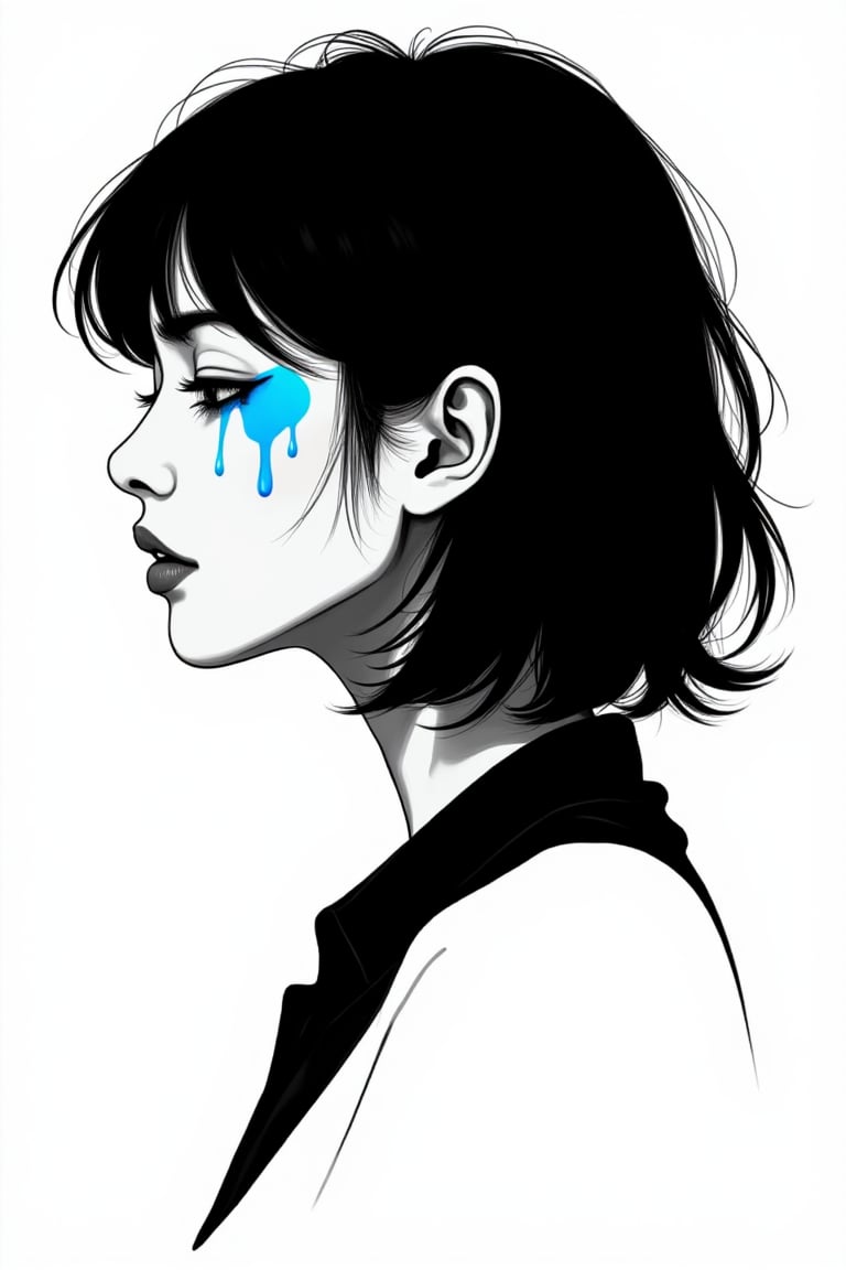 (A simple and elegant portrait depicting the silhouette of a woman crying blue tears on a pure white canvas.The outline uses only black and has a minimalist approach with only clean lines to convey deep feelings of sadness and melancholy. express), Detailed Textures, high quality, high resolution, high Accuracy, realism, color correction, Proper lighting settings, harmonious composition, Behance works,ct-niji2,xxmix_girl,goth person