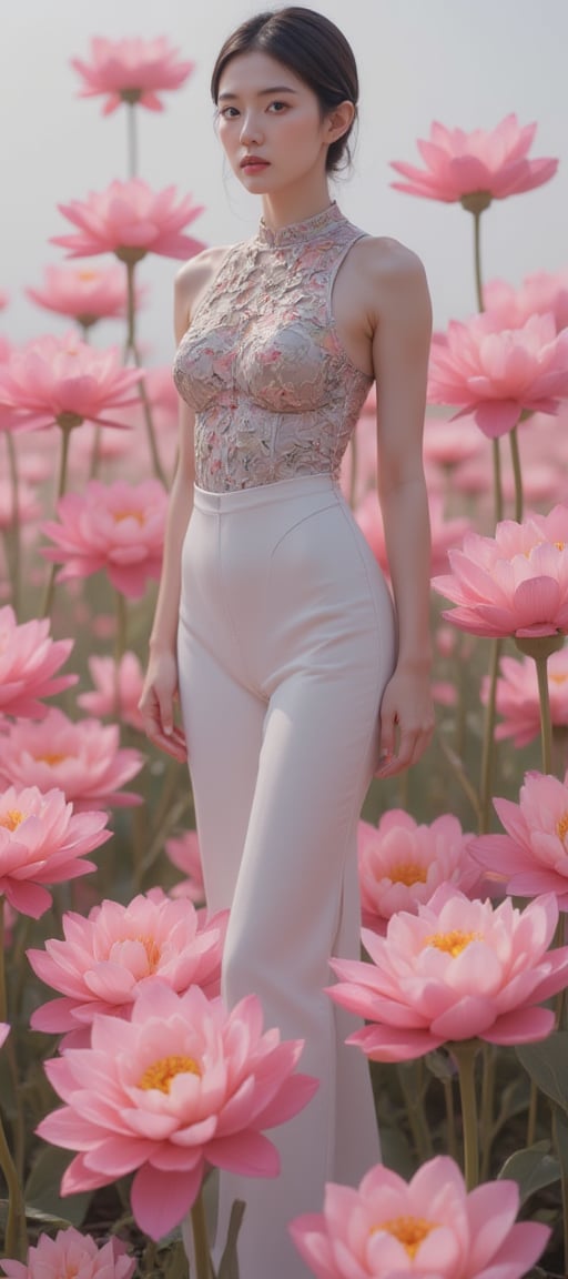 A statuesque figure stands tall amidst a serene backdrop of pink lotuses, bathed in soft, cool-toned light that highlights vibrant hues and tactile textures. The subject confidently poses with sharp lines and defined curves, its high-definition skin texture seemingly within reach, as the isometric composition guides the viewer's gaze to trendy fashion elements harmoniously aligned, frozen in a moment of artful stillness.