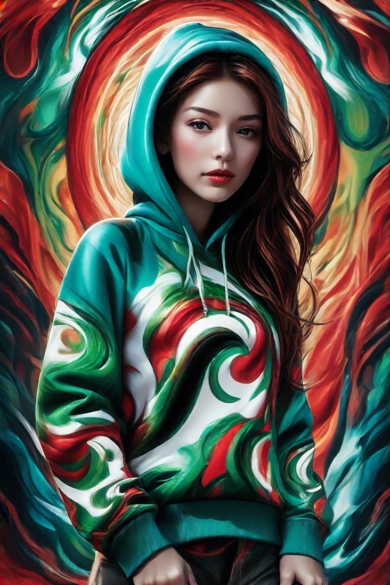 A stunning portrait of a young woman dressed in a vibrant, multicolored hoodie with swirling patterns of green, Red, black, white, and teal. Her long, flowing hair cascades down her shoulders, complementing the intricate design of her outfit. The background mirrors the psychedelic patterns of her attire, creating a seamless, mesmerizing effect. The woman's expression is calm and confident, her gaze directed towards the viewer. The overall scene exudes a sense of bold, artistic flair and modern fashion.,pixar style,Enhance,Supreme