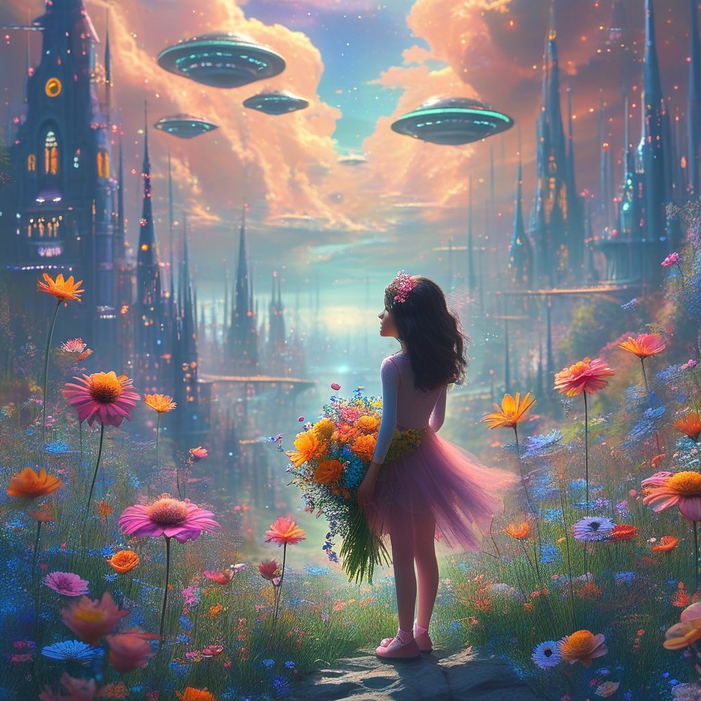 Curious girl with bouquet of vibrant flowers stands at edge of fantastical landscape, surrounded by whimsical Wonderland-inspired scenery. Glowing alien cityscape stretches towards sky, illuminated by soft blue light. Girl's bright smile and outstretched arms welcome extraterrestrial visitors, as if showcasing her own little patch of wonder in this surreal science fiction world.,digital art