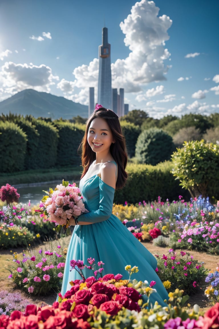 Curious girl with bouquet of vibrant flowers stands at edge of fantastical landscape, surrounded by whimsical Wonderland-inspired scenery. Glowing alien cityscape stretches towards sky, illuminated by soft blue light. Girl's bright smile and outstretched arms welcome extraterrestrial visitors, as if showcasing her own little patch of wonder in this surreal science fiction world.