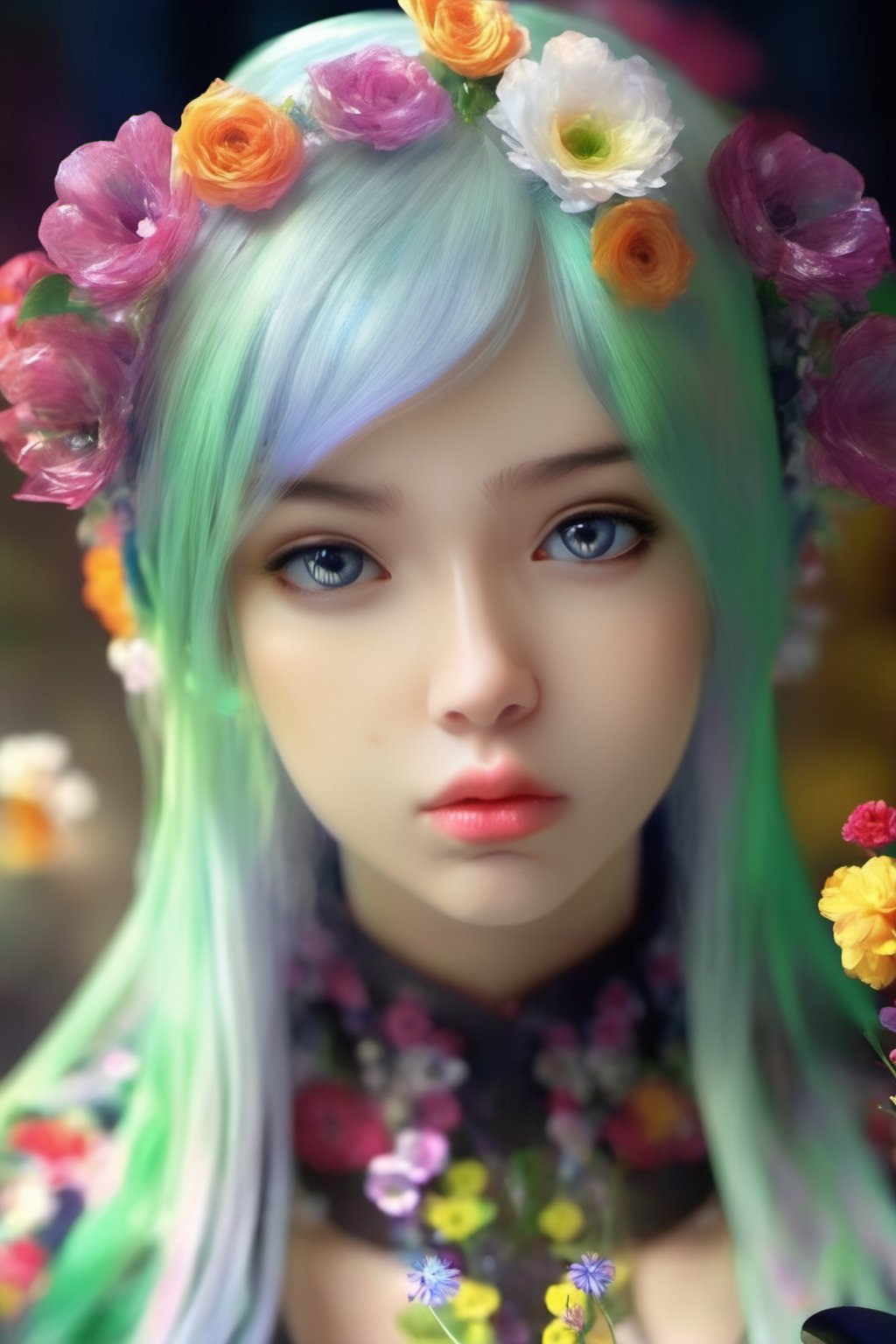 ((1girl)),kozuki hiyori, (3d rendering),(3d girl), ((solo)), Half body, details, (Long straight hairs),((blue-green hair:0.8)),big eyes,( detailed beautiful eyes), ( detailed face), (extremely detailed CG, ultra-detailed, best shadow), ((depth of field)), (loses black shirt),flowers and petals,Long Legs and Hot Body,Vietgirl
