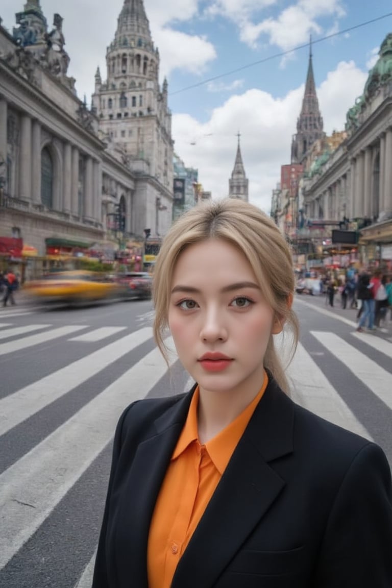 A confident blonde woman with piercing blue eyes and a chic ponytail confidently walks through the vibrant streets of Moscow, close up ,radiating sophistication and independence. Dressed in elegant attire, she captivates onlookers with her alluring presence. This cinematic GoPro photograph freezes her in motion, her graceful stride harmonizing with the backdrop of iconic landmarks and bustling city life. Amidst the urban chaos, she exudes poise and confidence, embodying modern elegance against the historic charm of Moscow's cityscape. 