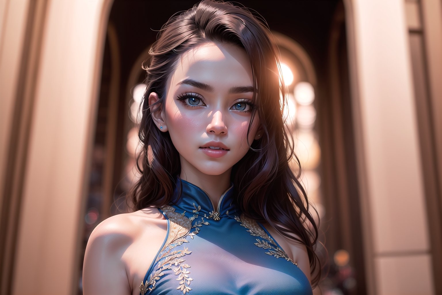 masterpiece, (best quality:1.4), ultra-detailed, 1 girl, 22yo, wear daily elegant blue outfit, , high resolution, genuine emotion, detail face , Enhance,  bright light colors,  8k, vivid colors,Enhance