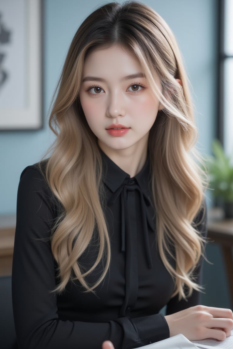 a digital portrait of a naturally beautiful young girl, 25 years blonde with a complexion reminiscent of pure porcelain, fullly matured. sitting on office desk in meeting
, full size photo, 
,Korean Model,luxury style