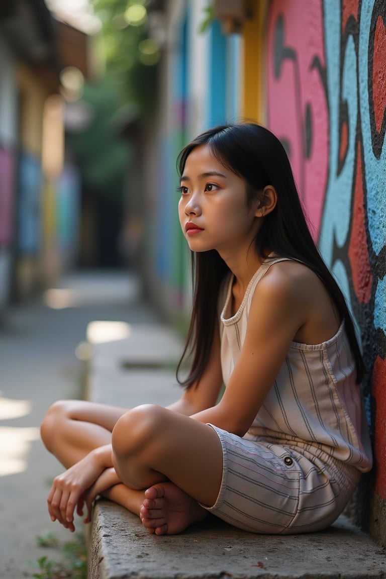 A Vietnamese young girl, with long black hair and bright brown eyes, sits cross-legged on a worn stone bench, surrounded by vibrant graffiti-adorned walls of a bustling city alleyway. Soft morning light casts a warm glow on her gentle features, highlighting the subtle texture of her skin as she gazes out at the urban landscape. Her quiet confidence and introspective expression convey a sense of resilience and hope in the midst of uncertainty. Amidst the vibrant colors and artistic expressions, she embodies the duality of life's beauty and struggle.,Enhanced all