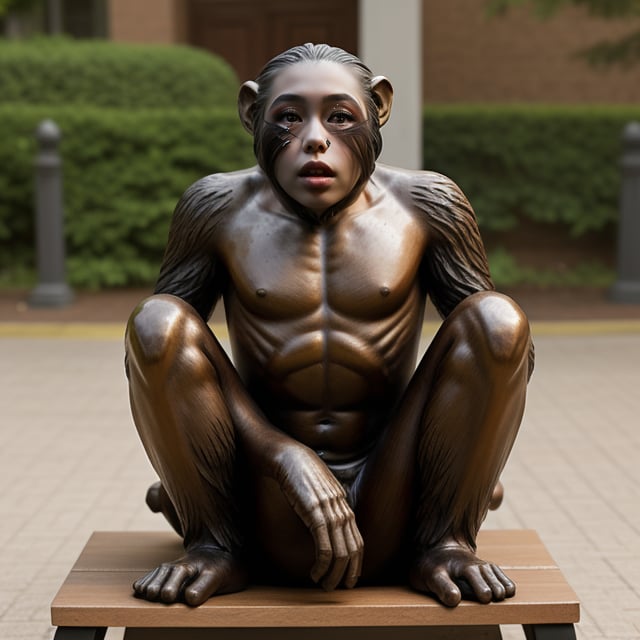  there is a bronze sculpture of a chimpanzee sitting on a bench. The chimpanzee is depicted in a lifelike manner, with intricate details and a realistic appearance. The sculpture is placed on a wooden bench, which adds to the overall presentation of the artwork. The chimpanzee's facial expression and body posture are captivating, making it an attention-grabbing piece of art.