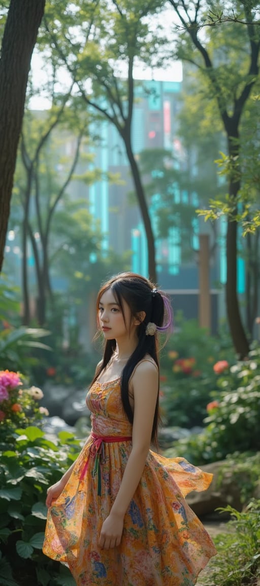 In a whimsical aerial shot, a curious young girl stands poised at the threshold of two realms: lush forests and tranquil streams merging with futuristic metropolises and shimmering holographic projections. Her vibrant, multi-hued hairdo and elaborately patterned dress, echoing Art Nouveau and Japanese woodblock print styles, gleam in soft, ethereal light. As she gazes out at this fantastical fusion, her expression exudes wonder and curiosity, inviting the viewer to step into her enchanting world.